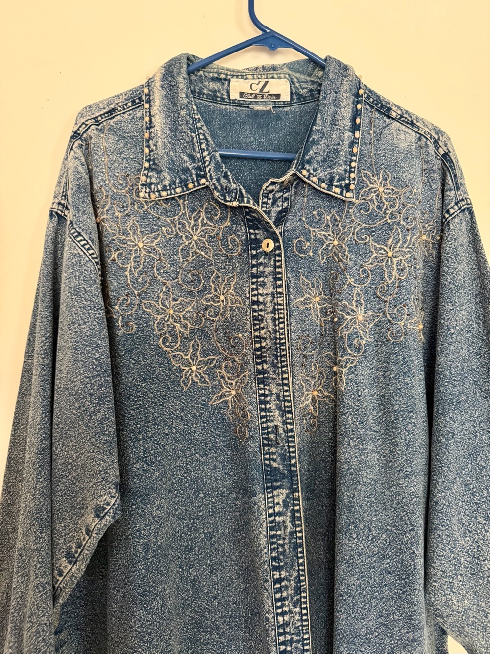 Vintage Club Z Denim Acid Wash Embroidered beaded Studded Oversized Shirt 80s 90 - Picture 3 of 15